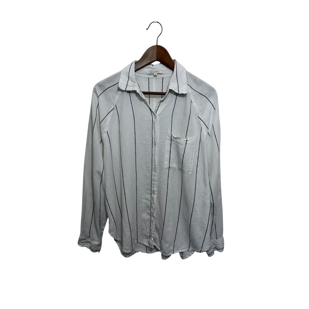 Z Supply Womens White Striped Button Down Shirt L Casual Linen Blend ZT253833